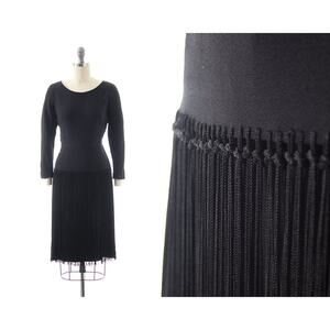 Vintage 1940s Dress 40s Fringe Tassels Black Rayon Long Sleeve Sheath Party
